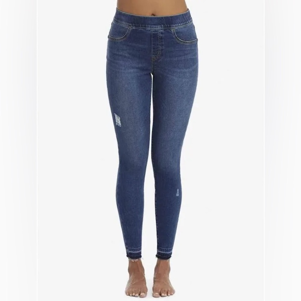 25 SPANX Denim Leggings Medium Wash Distressed Jean Look Shaping Compression